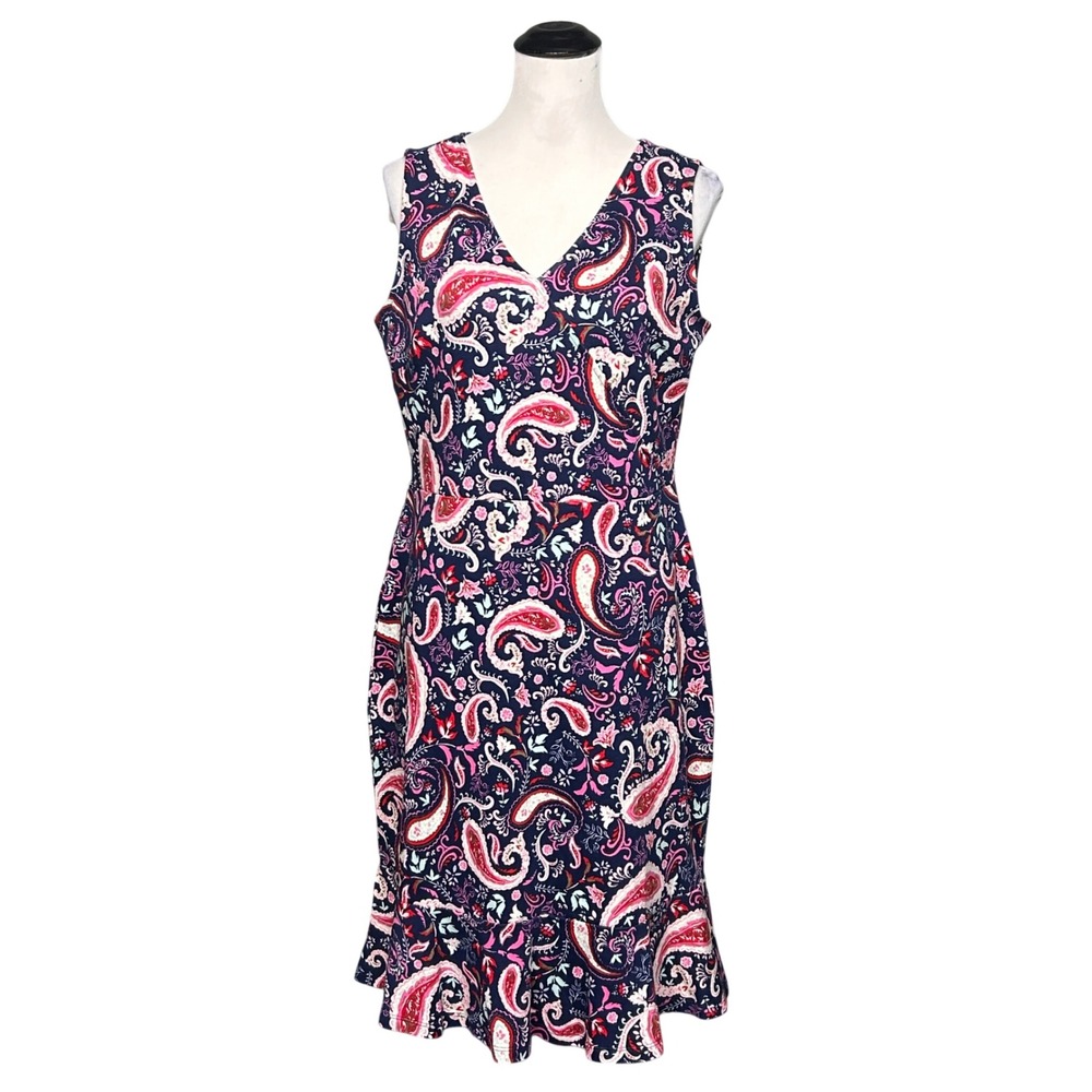 NWT Talbots Paisley Sheath Dress Women L Navy Pink V-Neck Flounce Ruffle Hem
